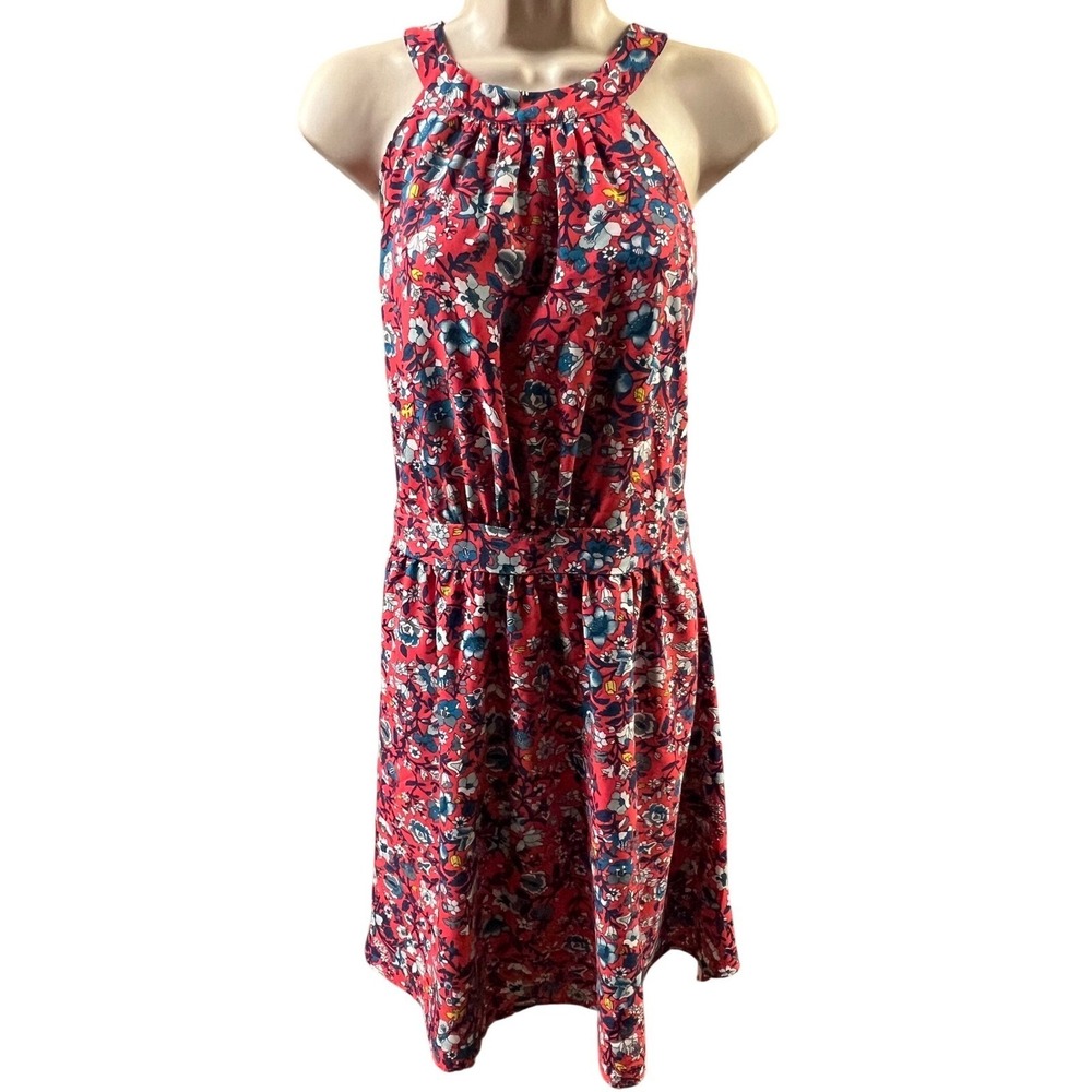 LOFT Outlet Dress Coral Multi Floral Halter Neck Tie Back Garden Party L Keyhole - Picture 2 of 8
